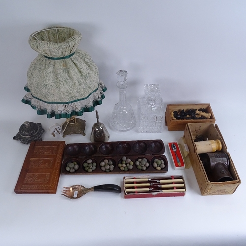 265 - Various collectables, including glass decanters, chess pieces, onyx table lamp, etc