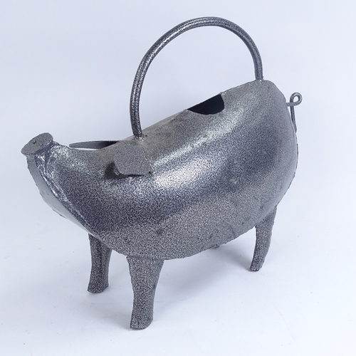 268 - Wrought-iron pig watering can, stained glass owl, pair of brass candlesticks, wood ornaments, etc