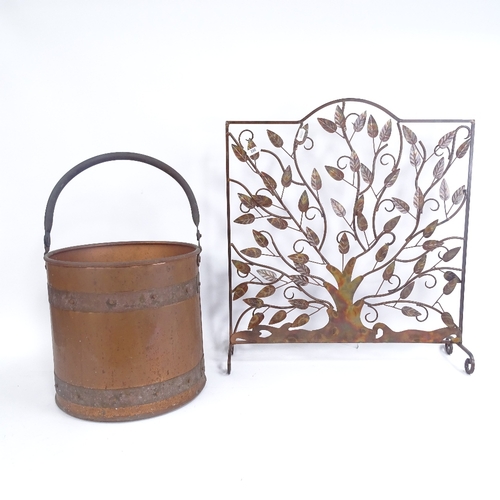 280 - An Art Nouveau style wrought-metal fire screen, and a copper coal bucket, screen height 55cm (2)