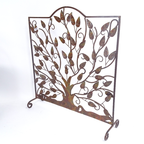 280 - An Art Nouveau style wrought-metal fire screen, and a copper coal bucket, screen height 55cm (2)