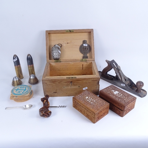 283 - Various collectables, including German cannon shells, a Georgian silver spoon, Record no. 5 woodwork... 