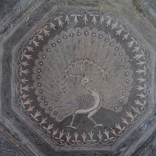 285 - 2 Middle Eastern engraved brass trays, and a soapstone urn (3)