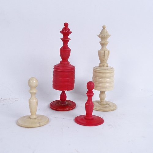 288 - A 19th century natural and red stained bone chess set, King height 10cm, together with inlaid wood b... 