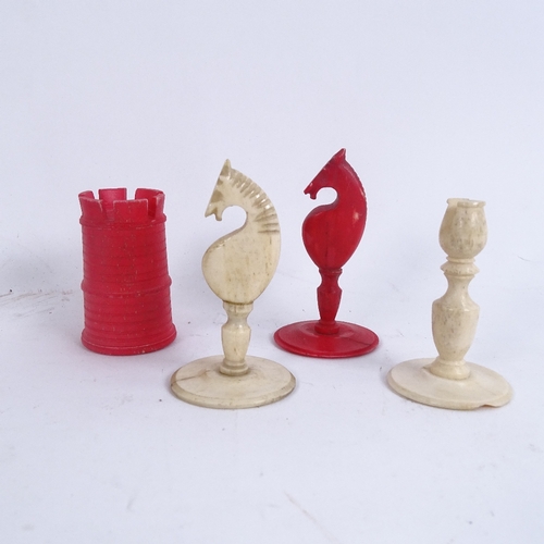 288 - A 19th century natural and red stained bone chess set, King height 10cm, together with inlaid wood b... 