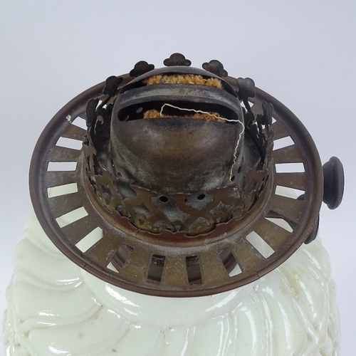 337 - A painted cast-iron oil lamp, with milk glass font, green shade and chimney, overall height 56cm