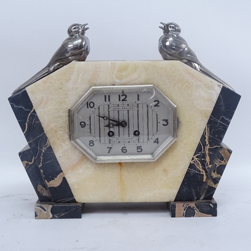 355 - An Art Deco Jean Ernilney marble-cased mantel clock, with pewter bird mounts, length 34cm