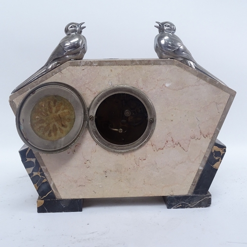 355 - An Art Deco Jean Ernilney marble-cased mantel clock, with pewter bird mounts, length 34cm