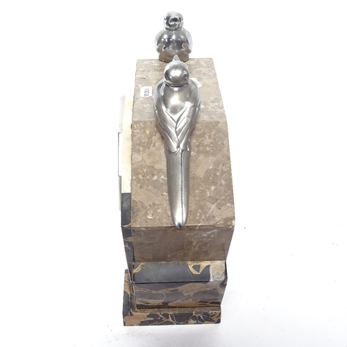 355 - An Art Deco Jean Ernilney marble-cased mantel clock, with pewter bird mounts, length 34cm