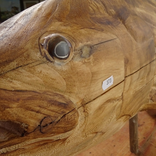 373 - Clive Fredriksson, large carved wood sculpture, Coelacanth on plinth, length 120cm