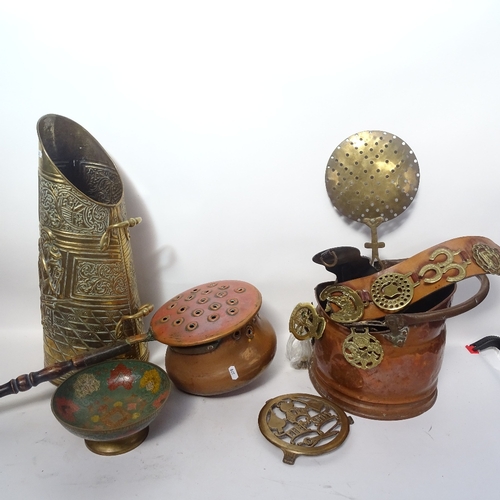 378 - Various brass and copper, including jug stick stand, warming pan, horse brasses etc