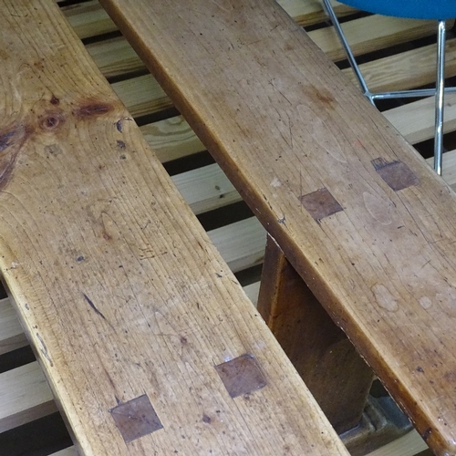 1546 - A pair of early 19th century fruitwood refectory benches, L202cm, D16cm, H50cm