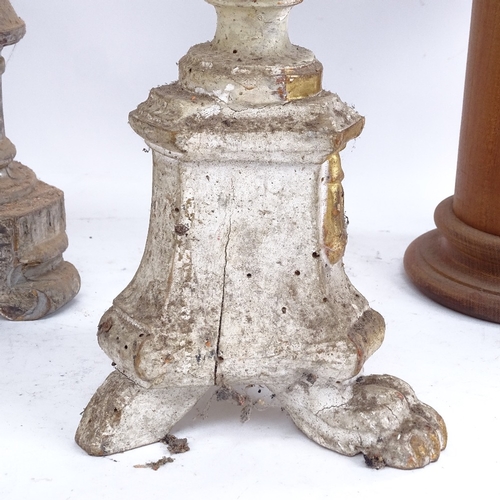 400 - A 19th century painted and gilded pricket table candlestick, a silvered carved wood converted lamp, ... 