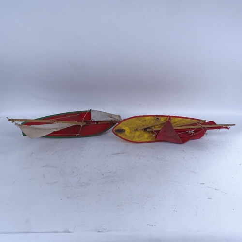 405 - 2 painted wood pond yachts, with collapsible masts, hull length 35cm (2)