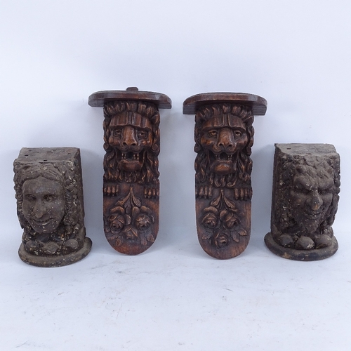 412 - A pair of carved oak lion wall brackets, and a pair of stained wood grotesque figure pediments, brac... 