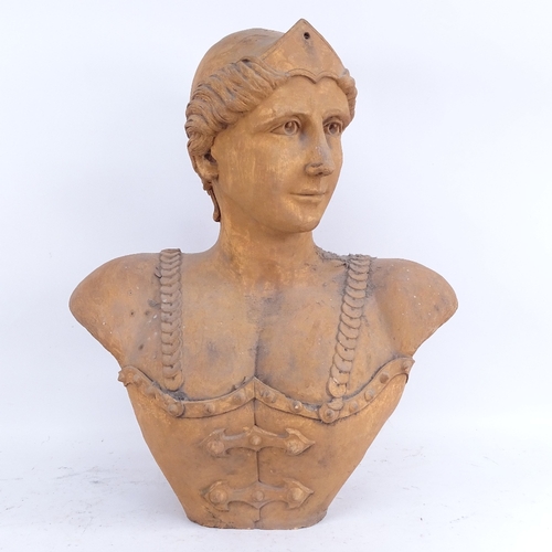 415 - A large Antique clay female bust sculpture, depicting female in bodice wearing a helmet, sculpture h... 