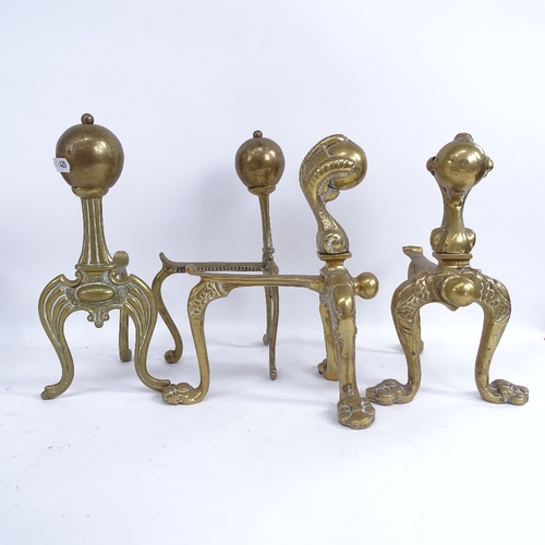 420 - Various brass fireside items, including andirons, fleurs de lis fittings etc