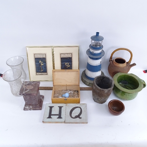 429 - Various interesting collectables, including crucible, glazed letter tiles, red marble plinth, a pair... 