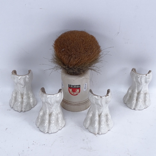 436 - A set of 4 crackle glaze ceramic lion paw bath feet, and a large Culmak Senior advertising shaving b... 