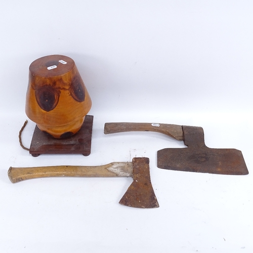 440 - 2 Vintage steel-headed axes, and a turned fruitwood table lamp, lamp height 26cm (3)