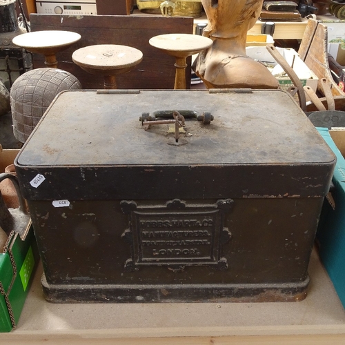 448 - An Edwardian Hobbs, Hart & Co small iron safe, with carrying handles and 2 original keys, safe lengt... 