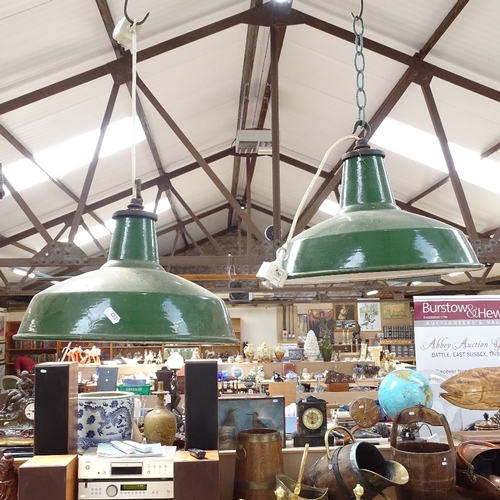 453 - A pair of Vintage green and white enamel industrial ceiling light shades, shade diameter 35cm (2)