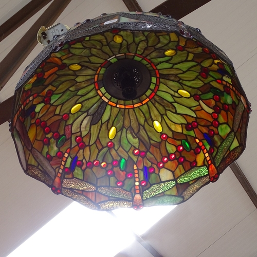 454 - A large Tiffany style leadlight glass dragonfly ceiling light fitting, shade diameter 50cm