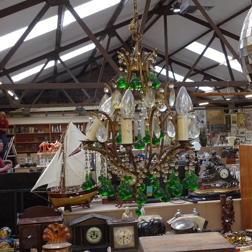 456 - A Vintage brass and moulded glass droplet ceiling light chandelier, height excluding fitting 50cm