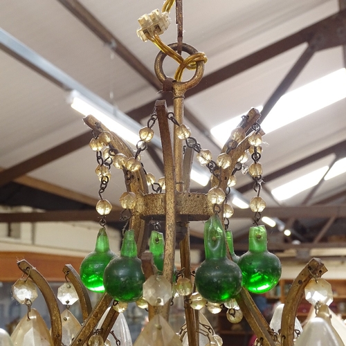 456 - A Vintage brass and moulded glass droplet ceiling light chandelier, height excluding fitting 50cm