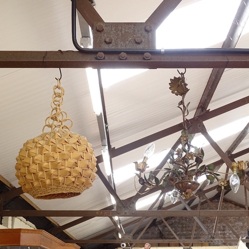 457 - A Vintage painted wrought-iron floral 3-branch chandelier, and a woven palm leaf light shade, chande... 