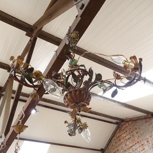 457 - A Vintage painted wrought-iron floral 3-branch chandelier, and a woven palm leaf light shade, chande... 