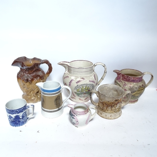 463 - 3 Sunderland lustre jugs, including the Sailor's Tear example, a Staffordshire 2-handled beer frog m... 