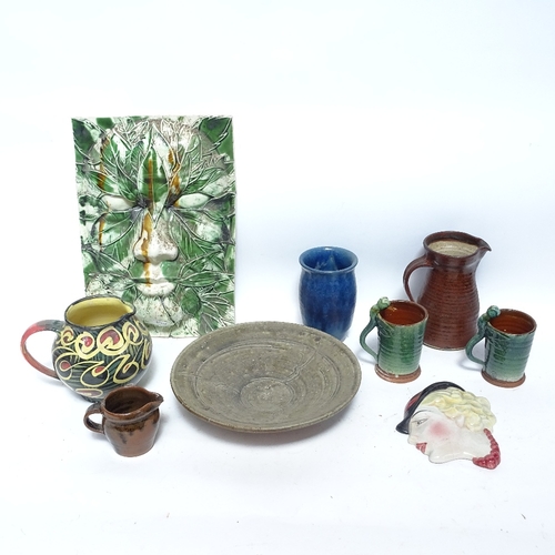 467 - Various Studio pottery and ceramics, including Sophie MacCarthy jug, green man glazed plaque etc