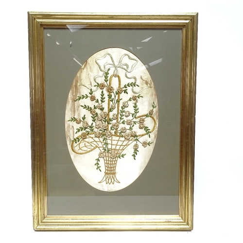 468 - A 19th floral silk embroidery, depicting basket of spring flowers, in gilt frame, frame height 63cm