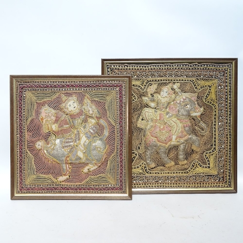 476 - A pair of Oriental Buddhist relief embroidery pictures, depicting deities riding animals, largest 47... 