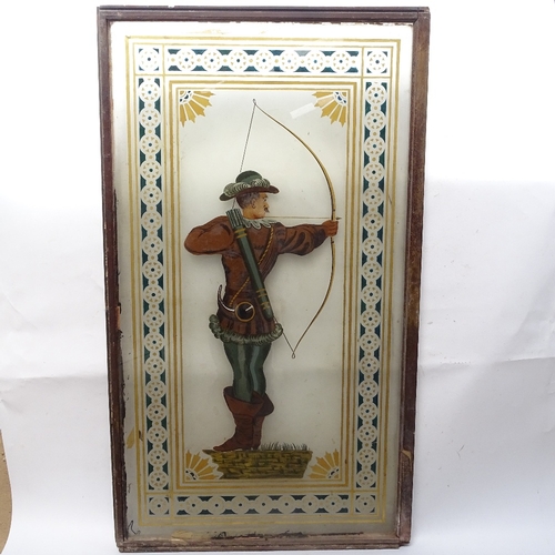 488 - A large reverse painted and gilded archer pub window panel, overall height 120cm, overall width 69cm