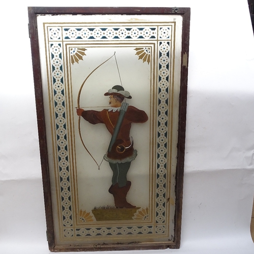 488 - A large reverse painted and gilded archer pub window panel, overall height 120cm, overall width 69cm