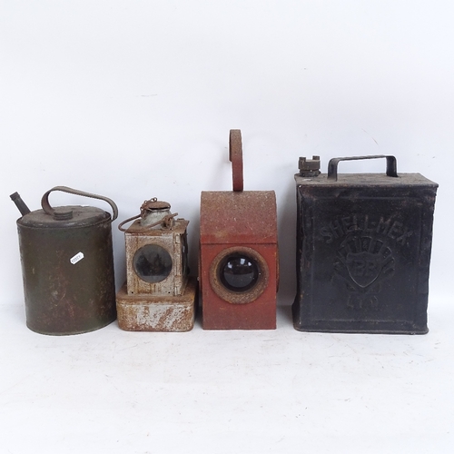 595 - A Vintage Shell-Mex petrol can, a painted oil can, and 2 lanterns (4)