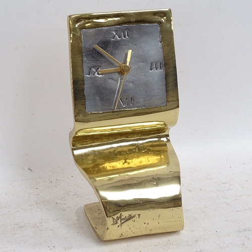 269 - DAVID MARSHALL - a cast-bronze and aluminium zig-zag clock (quartz movement), signed, width 10.5cm, ... 