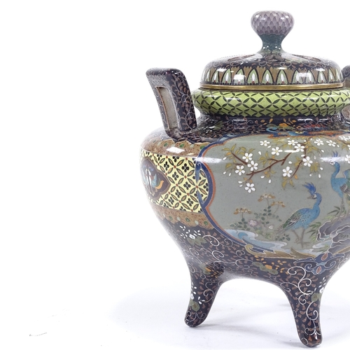 14 - A extremely fine Japanese cloisonne censer, Meiji period, with pierced lid, two handled on tripod fe... 