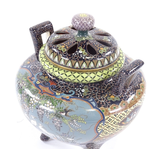 14 - A extremely fine Japanese cloisonne censer, Meiji period, with pierced lid, two handled on tripod fe... 