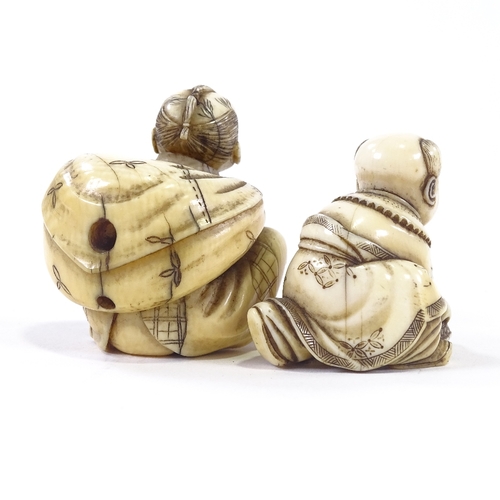 18 - 2 signed ivory carved figures, crouching man netsuke, and boy with tortoise, largest 4cm high.