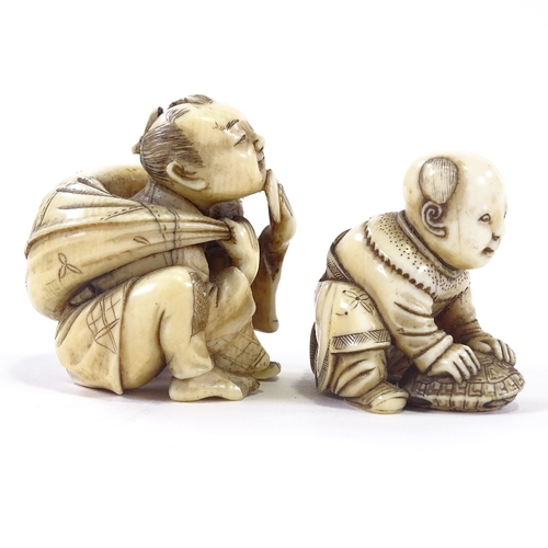 18 - 2 signed ivory carved figures, crouching man netsuke, and boy with tortoise, largest 4cm high.