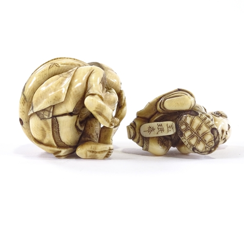 18 - 2 signed ivory carved figures, crouching man netsuke, and boy with tortoise, largest 4cm high.