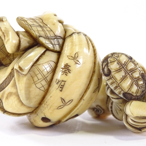 18 - 2 signed ivory carved figures, crouching man netsuke, and boy with tortoise, largest 4cm high.