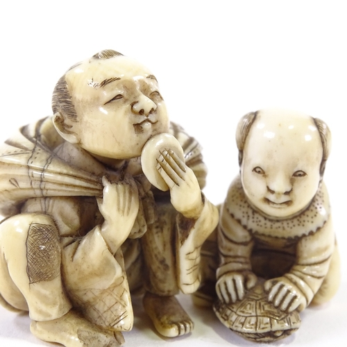 18 - 2 signed ivory carved figures, crouching man netsuke, and boy with tortoise, largest 4cm high.