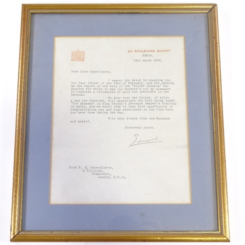 2 - Royal interest - A framed letter from Edward VIII as the Duke of Windsor, correspondence dated 19th ... 