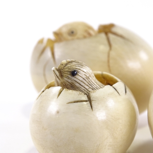 20 - 3 Japanese ivory hatching chicks in egg, smallest is a netsuke with signature to base, largest 5cm l... 