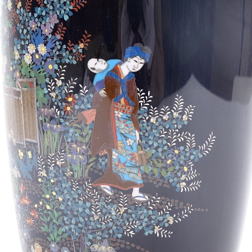 22 - A fine Meiji period Japanese cloisonne baluster vase, dark blue body with Japanese garden decoration... 