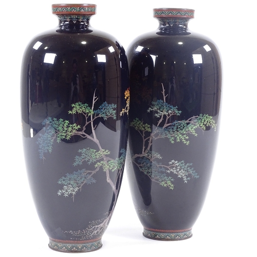 23 - A pair of Japanese Meiji period cloisonne vases, dark blue enamel bodies with eagles in Acer trees, ... 