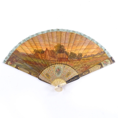 39 - A 19th century Vernis Martin style fan, hand painted romantic and landscape scenes with intricate fl... 